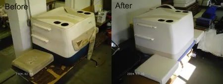 Before and after of a restored boat seat