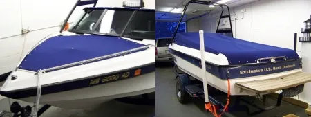 Navy canvas boat cover, two views