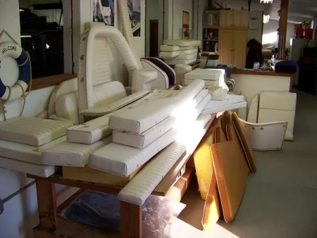 Finished boat seat cushions on the shop table