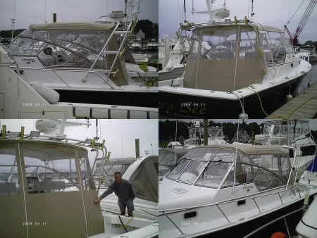 Tan canvas enclosures fitted on several boats