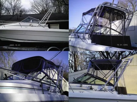 Boat top frames with canvas, shown from several angles